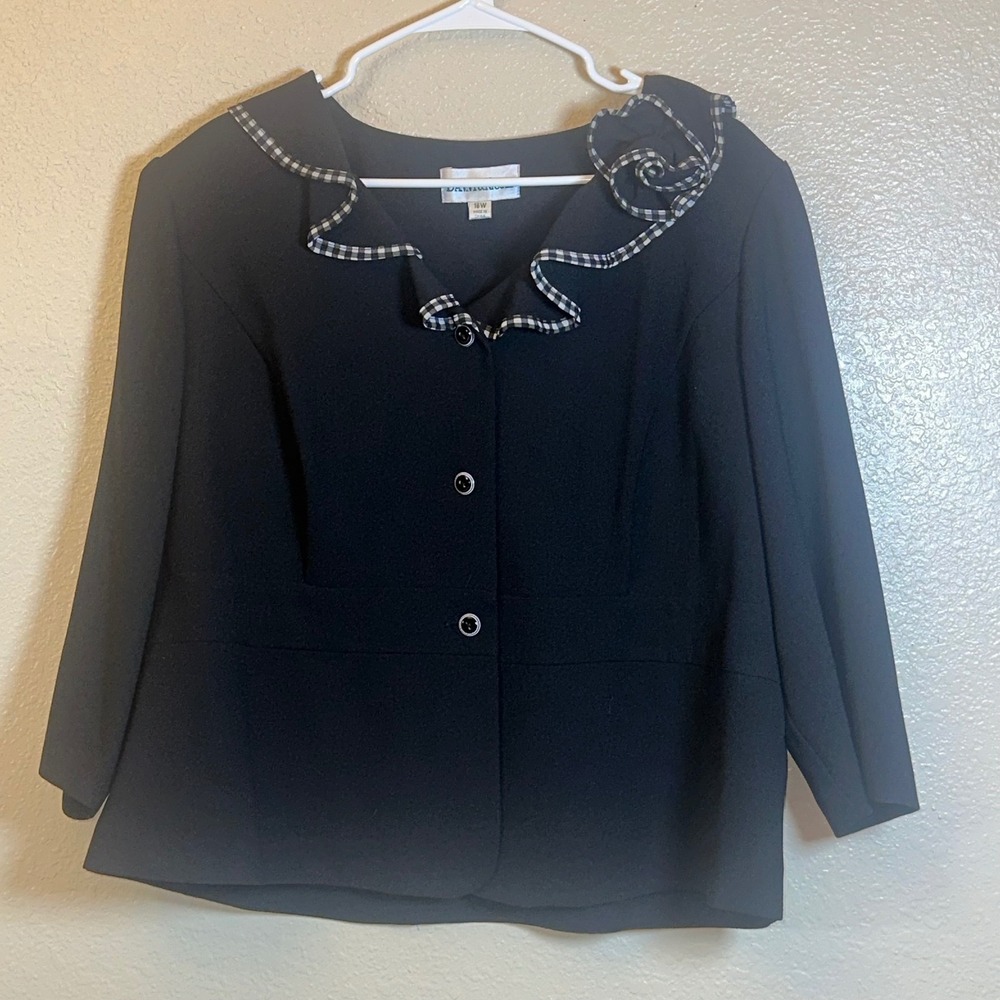 Danny &‎ Nicole Black Blazer Jacket 16W Gingham Trim Floral Accent 3/4 Sleeve